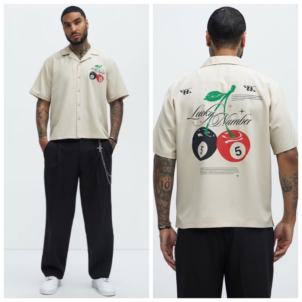 NWT Cherry 🍒 Lucky Number 5 5 Graphic Button Up Shirt -